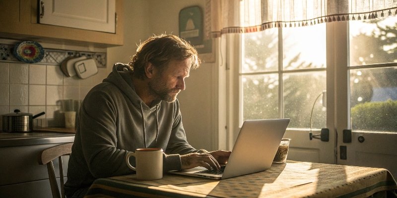 a man in his 40s sitting at a small kitchen table 